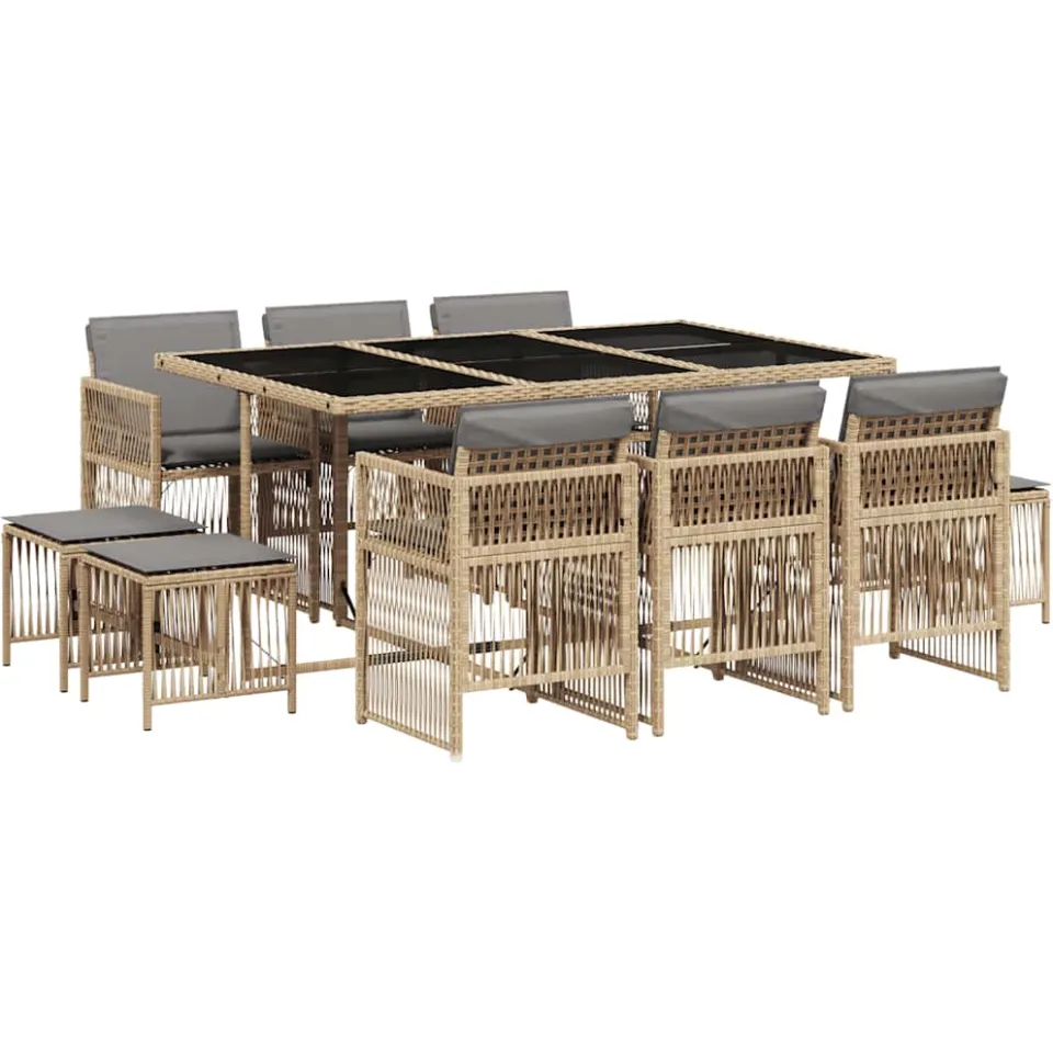 vidaXL 11-delige Tuinset met kussens poly rattan gemengd beige