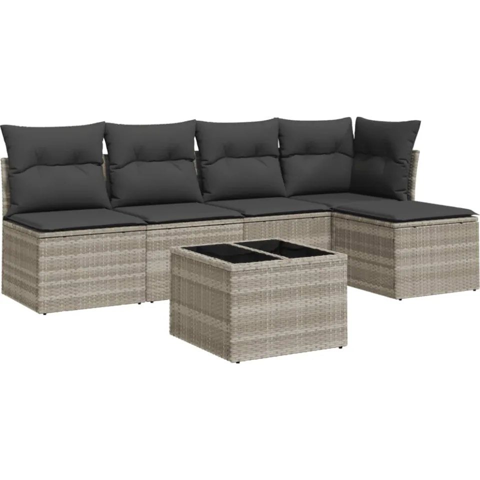 vidaXL 6-delige Loungeset met kussens poly rattan lichtgrijs