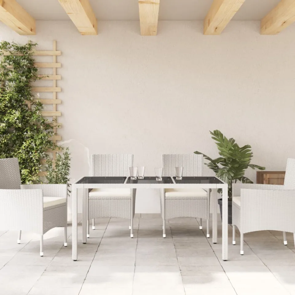 vidaXL Tuintafel met glazen blad 150x90x75 cm poly rattan wit, foto 3