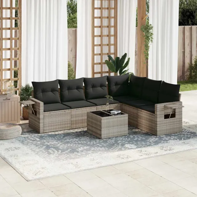 vidaXL 7-delige Loungeset met kussens poly rattan lichtgrijs grijs, foto 2