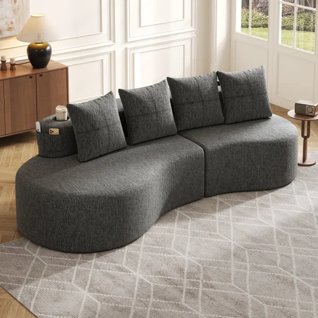 STILVORA Zitbank 240x109x60 Cm - Met Bekerhouders En Opbergvakken - Voor Woonkamer En Gastenruimte - Linnen - Donkergrijs