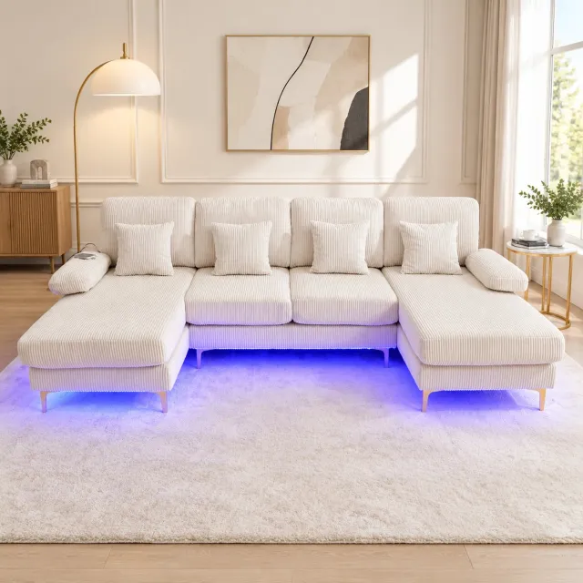 WUVRIE U-bank 265x135x88 cm - LED-verlichting en USB-C-aansluiting - 4-zits fluweel - Beige