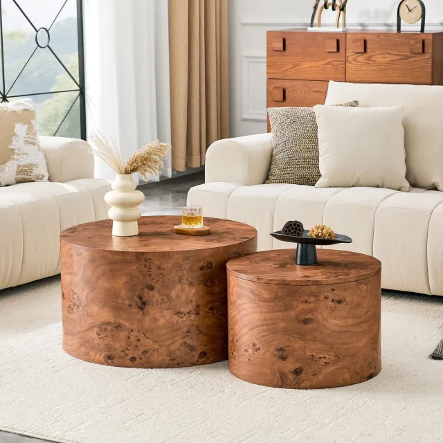 DESMIU Salontafelset - Ronde Nesttafels Met Opbergruimte En Afneembaar Deksel - Voor Woonkamer - MDF - Diameter 62,8 En 44 Cm - Bruin