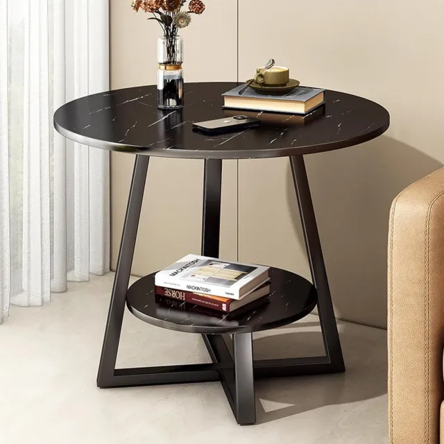 AIMASON Ronde bijzettafel met 2 niveaus - zwart houten blad en metalen frame - 40 x 55 cm - compacte salontafel voor woonkamer, slaapkamer of balkon