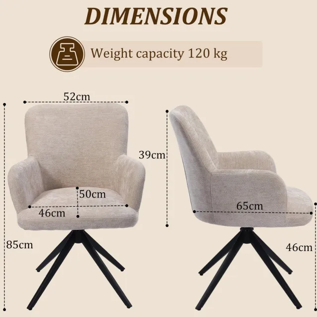 Homemiyn Eetkamerstoelen set van 6 - Draaibare eetkamerstoel 360° met armleuning - Beige stoffen eetkamerstoel , zachte bekleding en stabiele metalen basis voor keuken, woonkamer en eetkamer