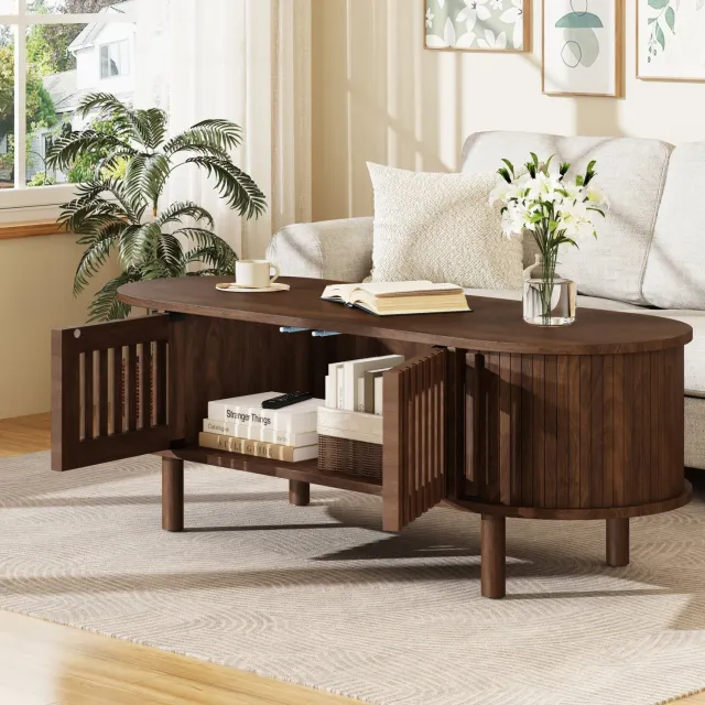 Maisentiel Ovale salontafel 100 x 40 x 38 cm met opbergruimte, MDF en houten poten, walnoot Walnootkleur
