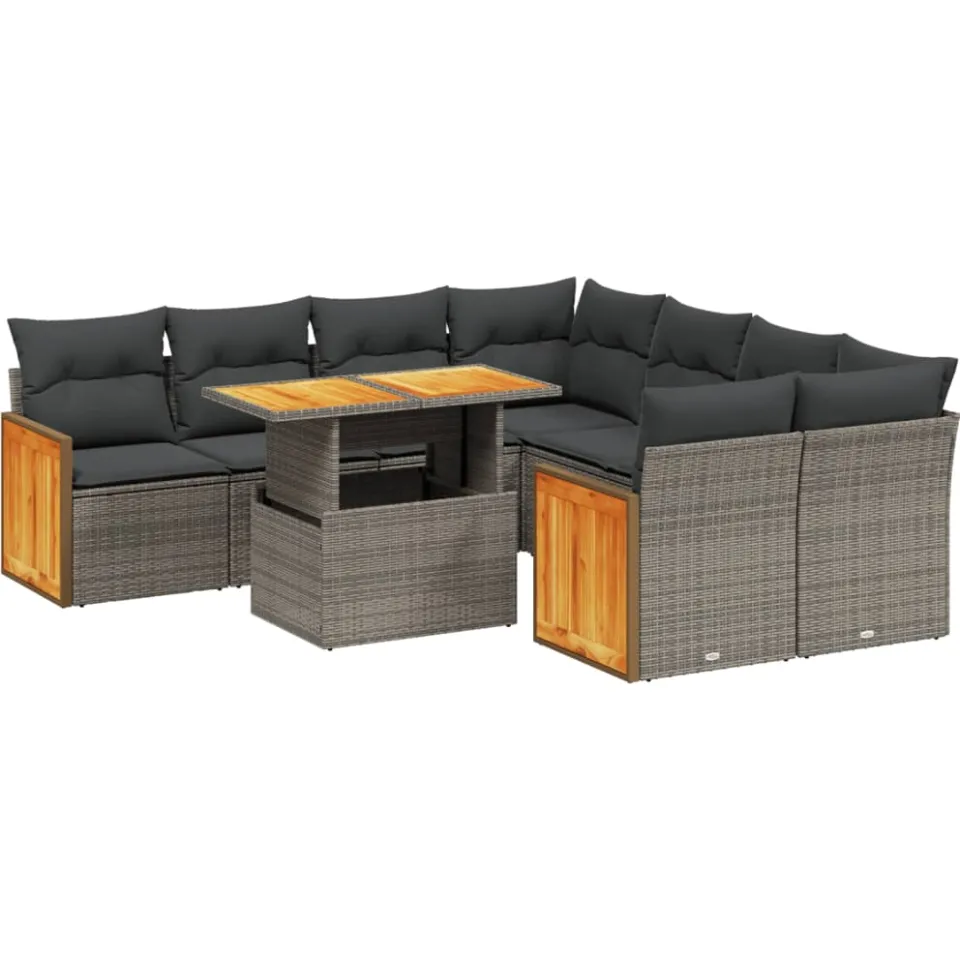 vidaXL 9-delige Loungeset met kussens poly rattan grijs