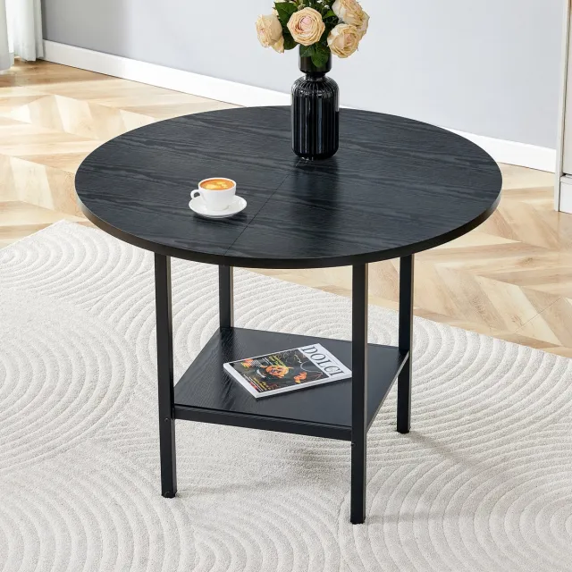 DESMIU Eettafel - Rond Design Met Opbergplank Voor 4 Tot 6 Personen - Voor Keuken En Eetkamer - MDF En Metaal - 100x100x77 Cm - Zwart
