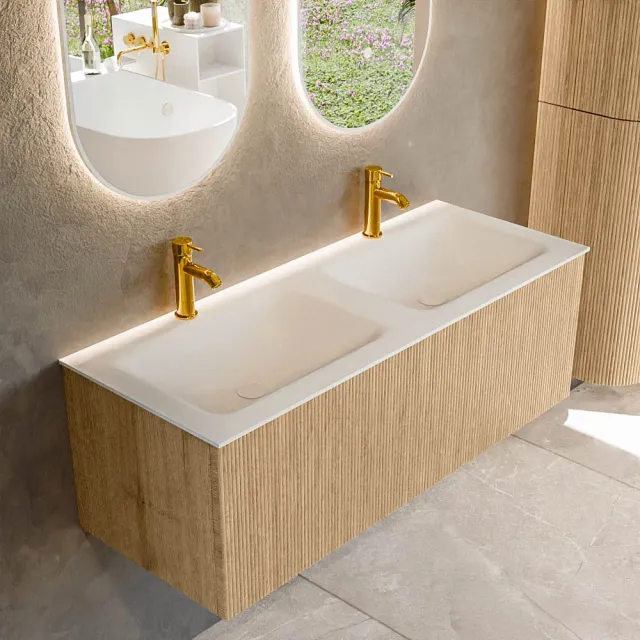 Mondiaz KURVE 120 cm Onderkast Greeploos 1 Lade Zonder Deuren Oak, Wastafel Solid Surface Dubbel Talc 2 Kraangaten Zonder Spiegel (KRVCLO1201L0D2KD-Oak/Tal)