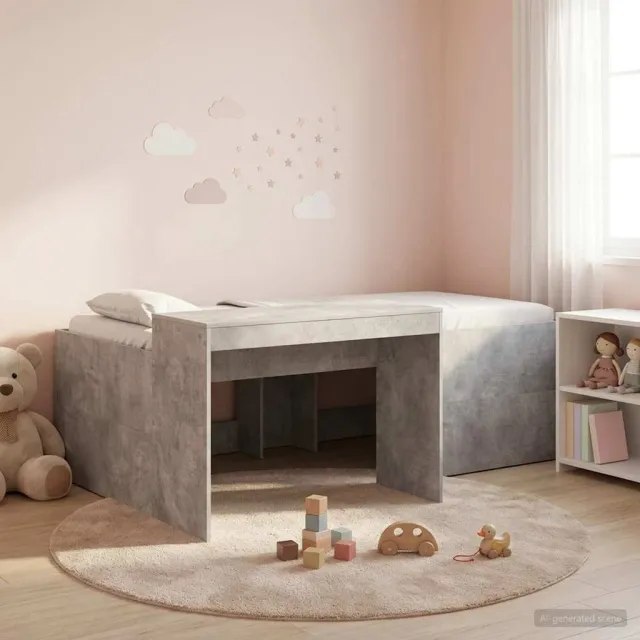 vidaXL Hoge Bed Frame met Bureau voor Kinderen Betongrijs 90 x 200 cm