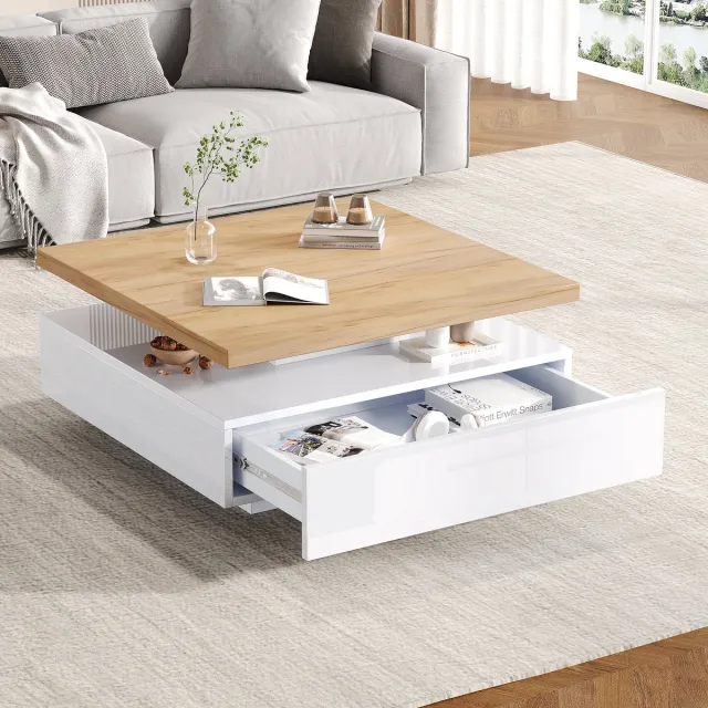 Clruro Multifunctionele Vierkante 360° Draaibare Salontafel in Wit - 2-Laags Draaibaar Tafelblad - Opbergruimte - Walnootkleurig Walnoot, Wit