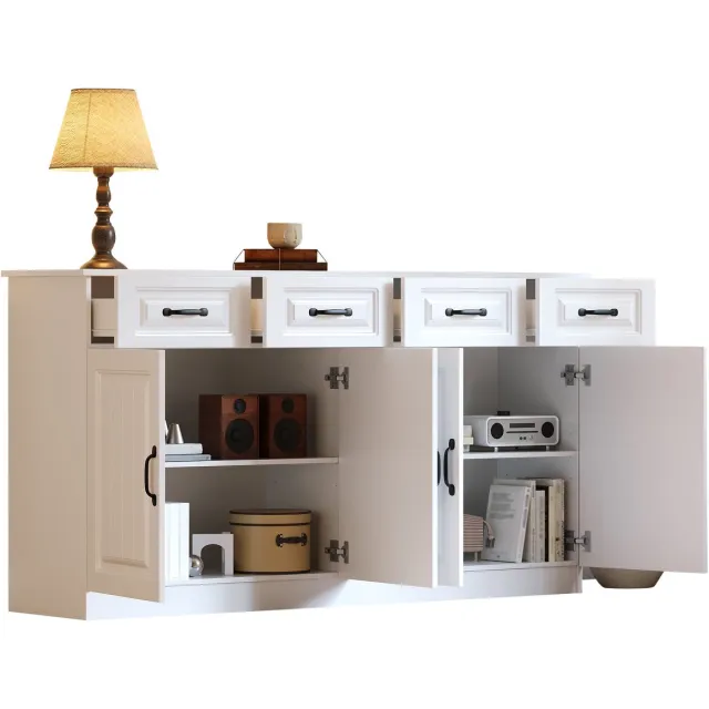 Merax Dressoir Kast 160 cm - Sideboard met 4 Deuren en 4 Lades - Opbergkast Wit MDF - Keukenkast - Woonkamerkast en Hal Kast