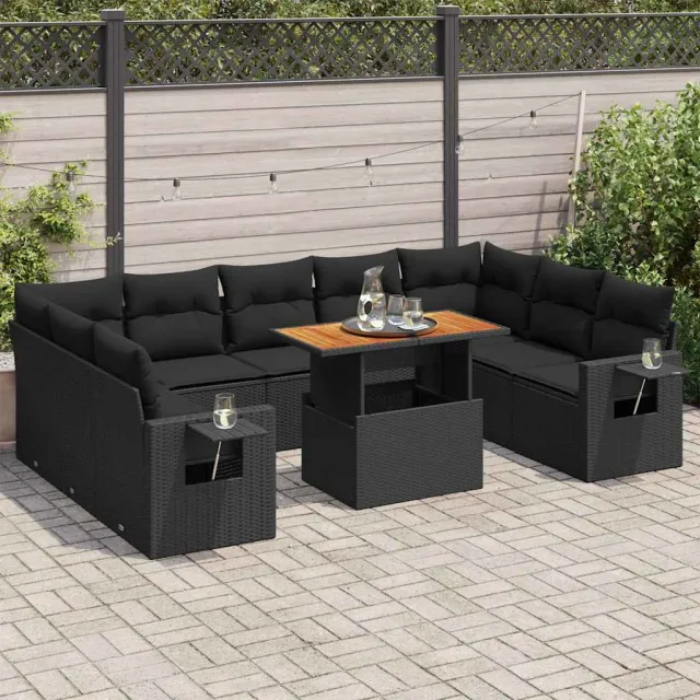 vidaXL 10-delige Loungeset met kussens poly rattan zwart, foto 2