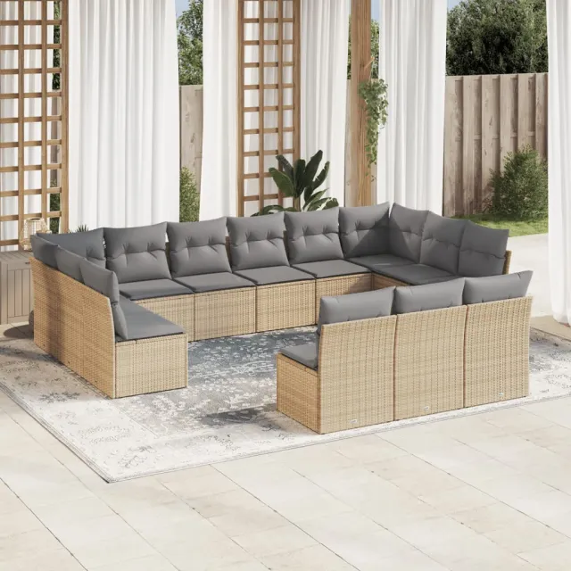 vidaXL 13-delige Loungeset met kussens poly rattan beige, foto 2
