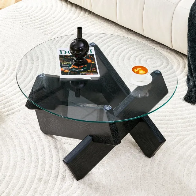 MODENUIT Salontafel - Rond Glazen Blad Met Kruisvoet - Voor Woonkamer En Leeshoek - MDF Zwart - 79x45 Cm