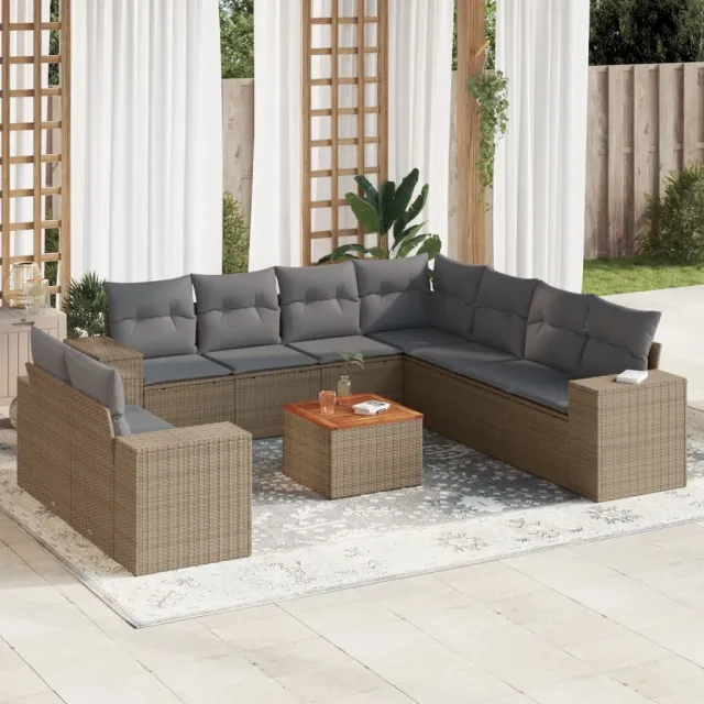 vidaXL 10-delige Loungeset met kussens poly rattan beige, foto 2