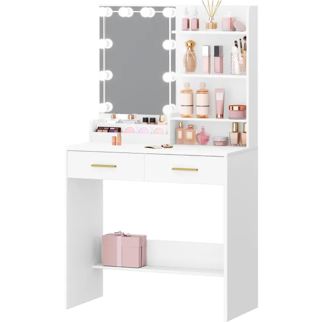 HILINSIE Kaptafel - Make up Tafel - Kaptafel met Spiegel en Verlichting - met 10 LED Verlichting - 4 Open Opbergplanken en 2 Compartimenten - 2 Lades - Wit -40 x 80 x 140 cm