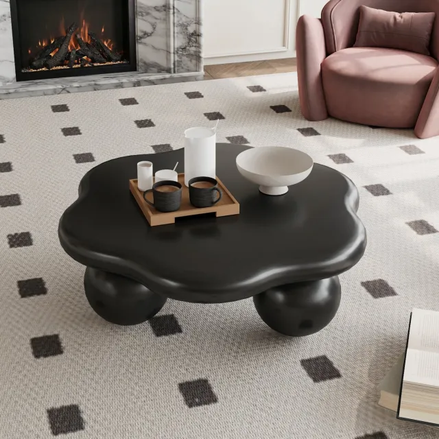 DantefHandels 80Cm zwart wolkvormige salontafel, moderne minimalistische salontafel in bloemvorm with bolvormige poten, matzwart kind- en huisdiervriendelijk ruimtebesparende woonkamertafel voor kleine appartementen, Matte Blac