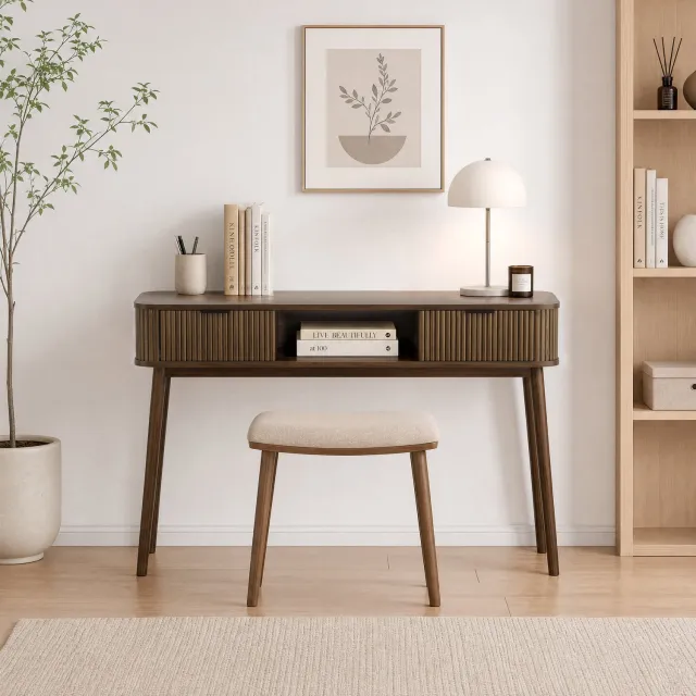 CHICFURN Sidetable 120 cm - met 2 lades en open vak - 4 poten - hal en woonkamer - MDF en spaanplaat - walnootkleur