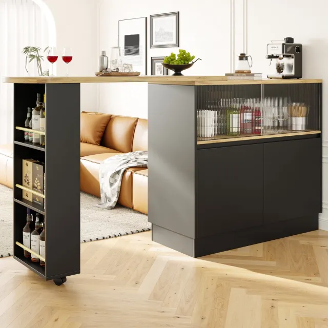 STILVORA Dressoir - Multifunctioneel Draaibaar 360° Barmeubel Met Glazen Schuifdeur En Open Planken, Gesloten Deuren En Lade - MDF - 90x45x100 cm - Zwart