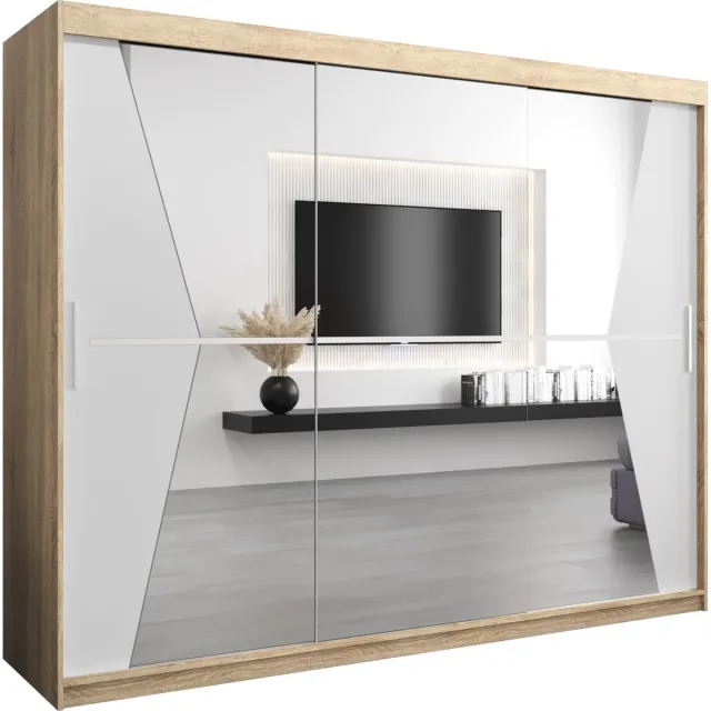 InspireME Kledingkast met 3 schuifdeuren, Modern-stijl, Een kledingkast met planken en een spiegel (BxHxD): 250x200x62 - TOTO 250 Sonoma Eik + Wit Mat mat 4 lades