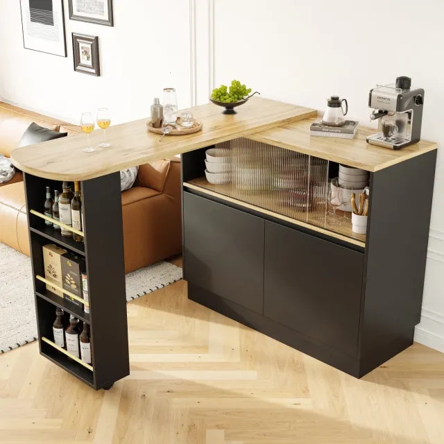 Wishdor Draaibare Bartafel met Kast 90x45x100cm - Zwart Hout - Keukeneiland - Ribbelglas Schuifdeur - 360° Roterend - Wijnrek - Buffetkast