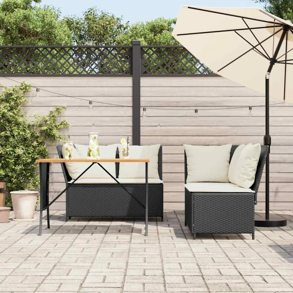 vidaXL 3-delige Loungeset met kussens poly rattan zwart, foto 2
