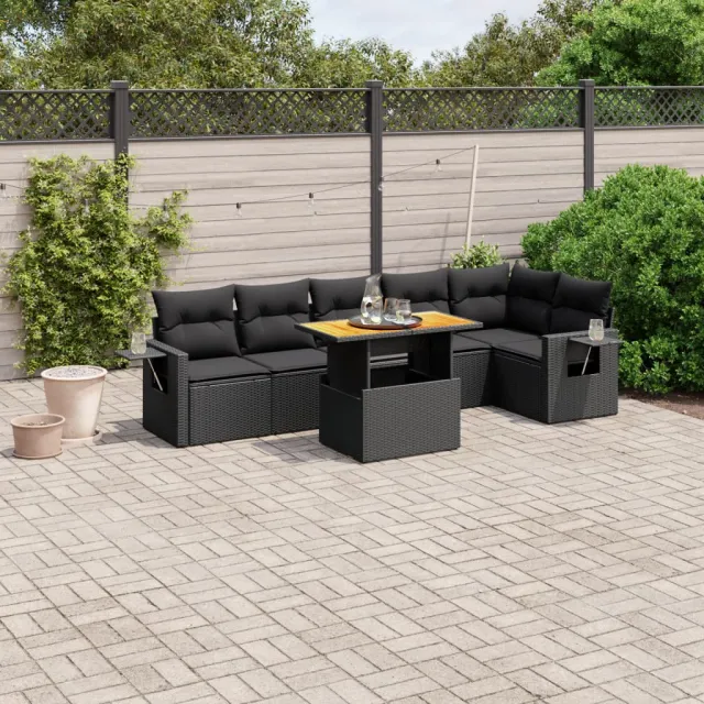 vidaXL 7-delige Loungeset met kussens poly rattan zwart, foto 2