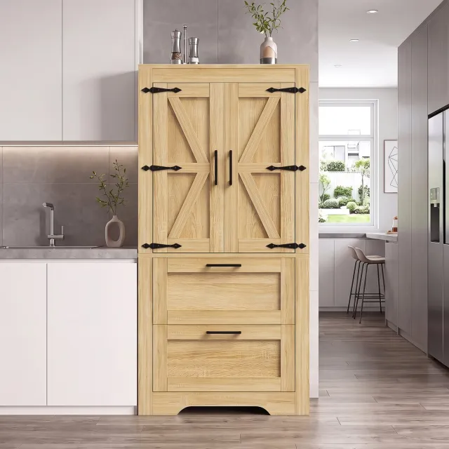DESMIU Keukenkast - Landhuisstijl Met Verstelbare Legplanken En 2 Lades - Voor Keuken, Eetkamer En Woonkamer - MDF - Naturel Houtkleur - 60x30x128 Cm Natural