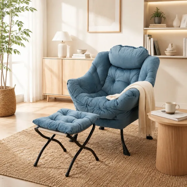 Welltin Ligstoel - Fauteuil & Poef Set - Ontspanningsstoel - Relaxstoel - Loungestoel - Comfortabele TV-stoel - Blauw