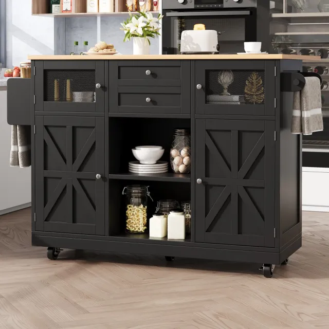 COVREO Keuken eiland 140 x 70 x 93,5 cm - klapbare zijwanden, handdoekhouder, wielen, zwart