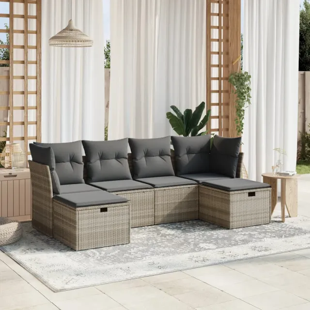 vidaXL 6-delige Loungeset met kussens poly rattan lichtgrijs grijs, foto 2