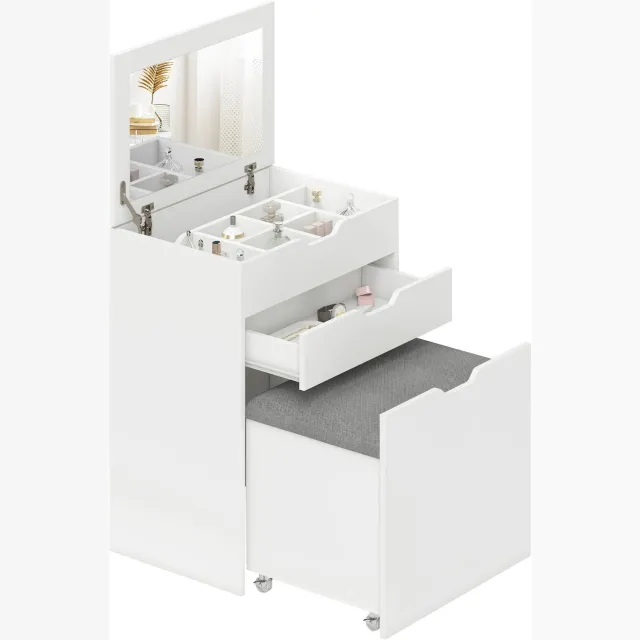 Atlasyx make up tafel - Kaptafel - Met spiegel - Makeuptafel - Bureau - Met kruk - Met lades - Opklapbare - 60 x 40 x 114 cm - Wit