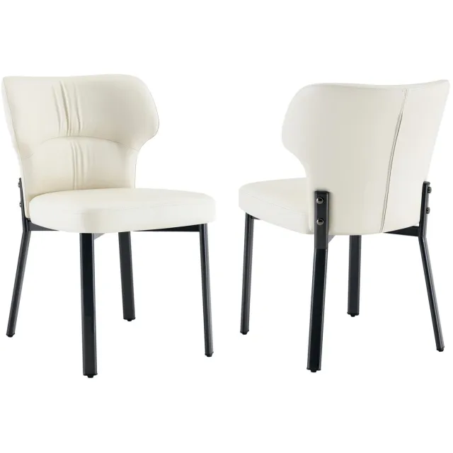 Merax Set Van 2 Beige Eetkamerstoelen Met PU-Kunstleer – Gepolsterde Zitting – Zwarte Metalen Poten – Ergonomische Rugleuning