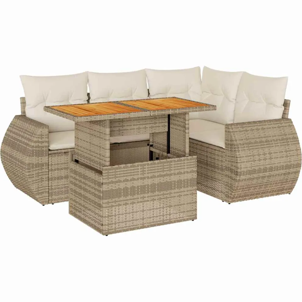 vidaXL 5-delige Loungeset met kussens poly rattan beige, foto 3
