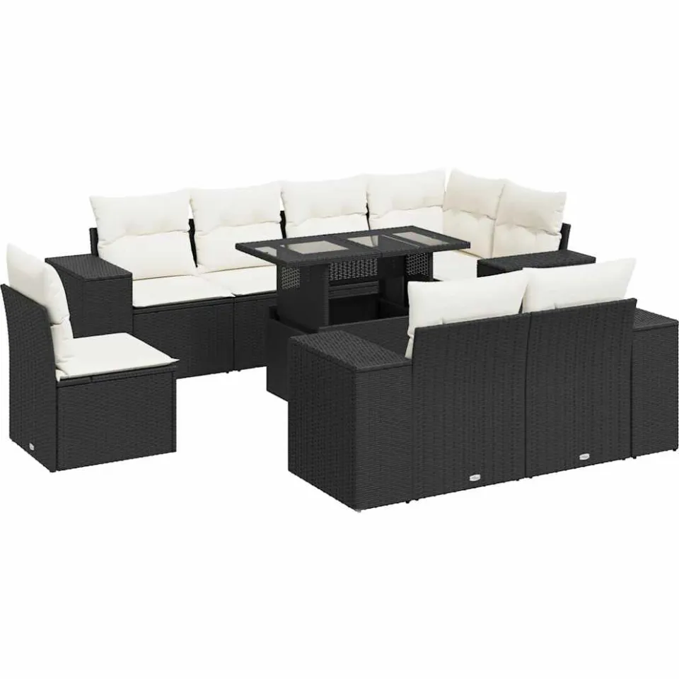 vidaXL 9-delige Loungeset met kussens poly rattan zwart, foto 3