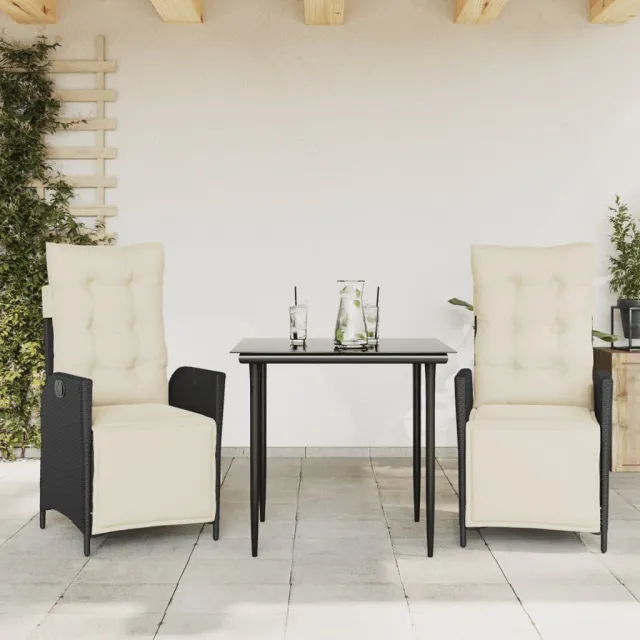 vidaXL 3-delige Tuinset met kussens poly rattan zwart, foto 2