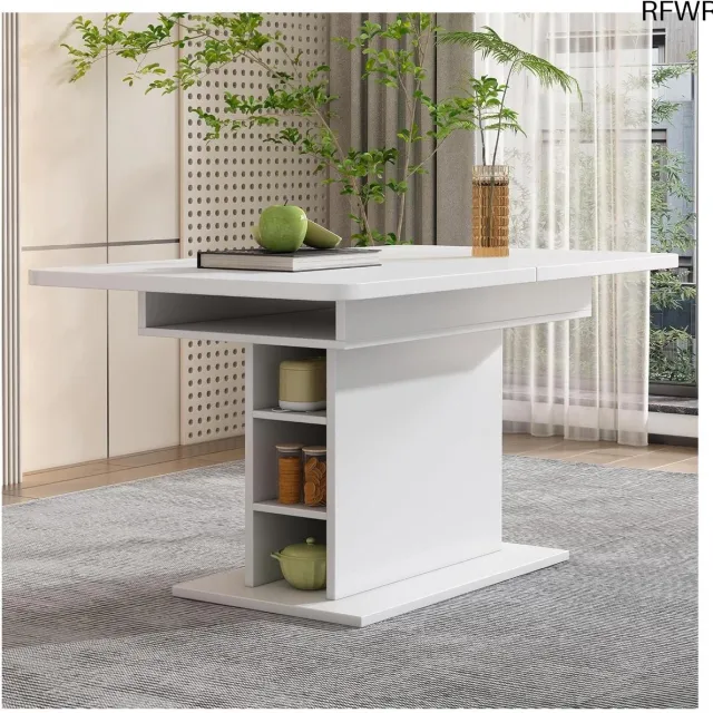 RFWR Uittrekbare Houten Eettafel met Opbergruimte voor Woonkamer en Eetkamer - Rechthoekige Tafel in Wit