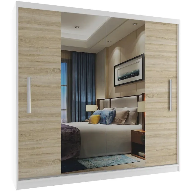 B BELINI GROUP BELINI Verona ME Schuifdeurkast 200 cm Wit/Sonoma Eiken Mat - Kledingkast met Spiegel - Comfort Line Slaapkamerkast Witte/Sonoma-eik