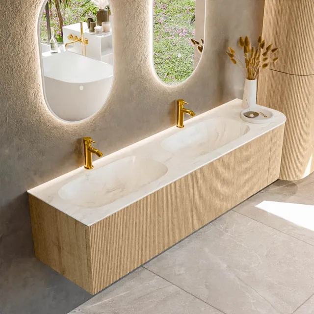 Mondiaz KURVE-DLUX 175 cm Onderkast Greeploos 2 Lades Met Deuren Oak, Wastafel Solid Surface Links Ostra 2 Kraangaten Zonder Spiegel (KRVSTS175R2L1D2KD-Oak/Ost)