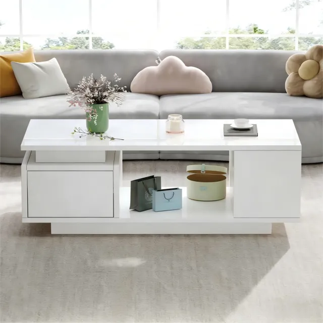 MODFU Salontafel Met Lade En Ledverlichting - Minimalistisch - Voor Woonkamer - Spaanplaat - Wit - 100 X 50 X 36 Cm