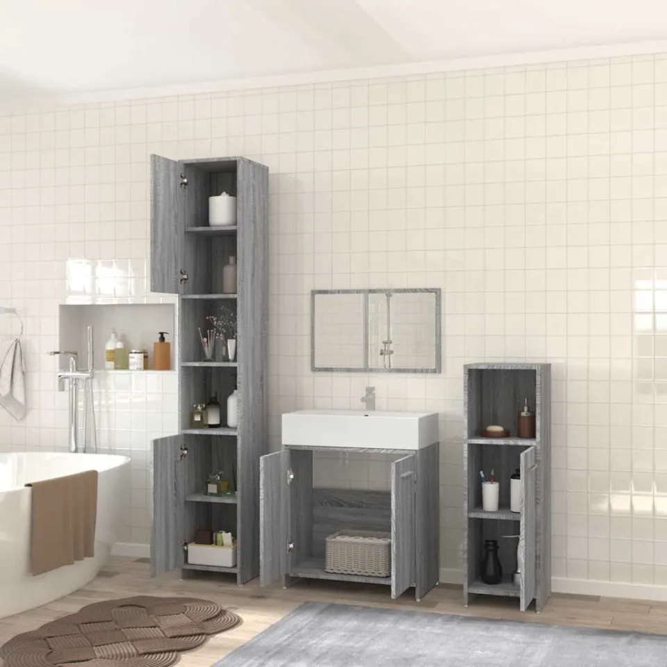 vidaXL 4-delige Badkamermeubelset bewerkt hout grijs sonoma eikenkleur, foto 3