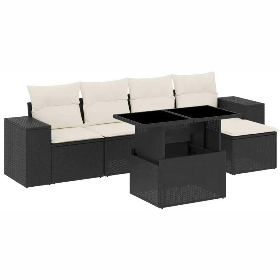 vidaXL 6-delige Loungeset met kussens poly rattan zwart
