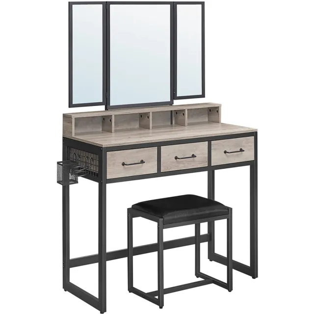 FurnStar Kaptafel met Kruk – Drievoudige Spiegel – 3 Lades – Föhnhouder – Industrieel Design – Grijs/Zwart