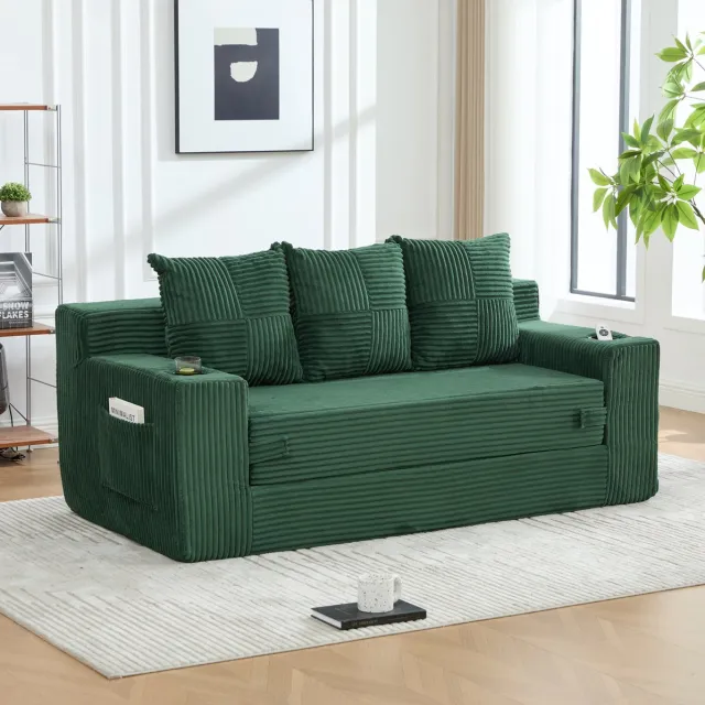 FloraGrace Slaapbank 3-Zits - Uitklapbaar Met Bekerhouders En Zijvakken - Voor Woonkamer En Studio - Corduroy - Groen Emerald