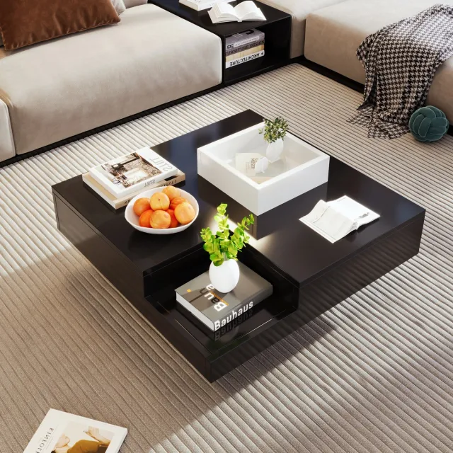 OKWISH Koffietafel - Salontafel Met LED Lichteffect En Opbergbox - Vierkante Hoogglans Woonkamer Tafel - 72x72x30 cm - Spaanplaat - Zwart