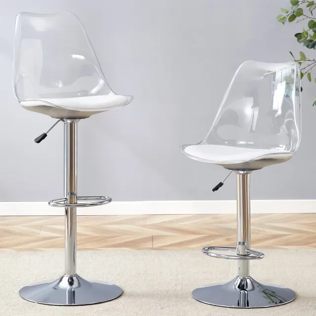 DantefHandels Barkrukken Set van 2, Verstelbaar, 360° Draaibaar, Transparante Rugleuning, Zilverkleurig Onderstel, modern design, geschikt voor keuken, kookeiland en bartafel zilver, transparant
