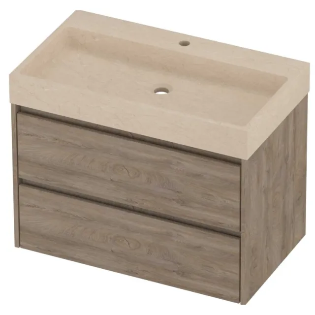 Proline Evoli Badmeubelset Hardsteen Loft 1 Kraangat Symmetrisch 80x46x62 cm Sand Stone Raw Oak Eiken