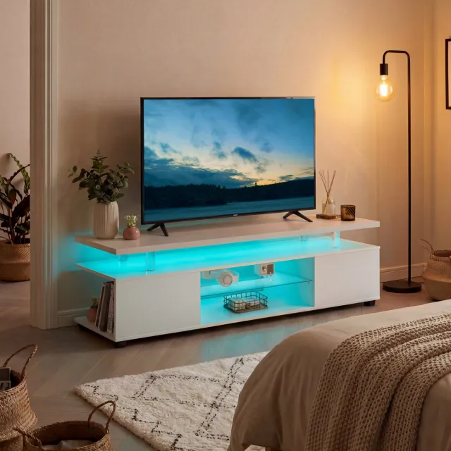 OKWISH Tv Meubel – Met Led Verlichting – Voor Woonkamer Slaapkamer En Vergaderruimte – Bewerkt Hout Wit – Met Opbergruimte