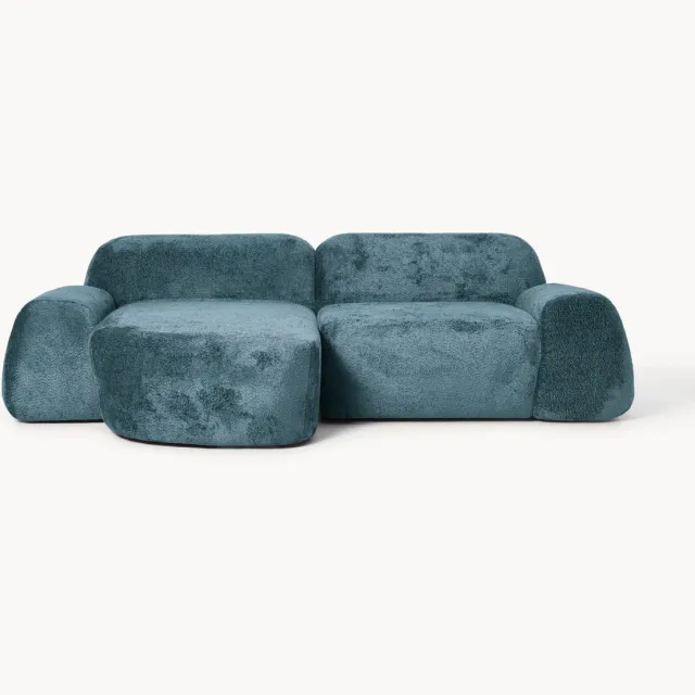 Westwing Collection Modulaire teddy-bouclé hoekbank Wolke (3-zits) Turquoise